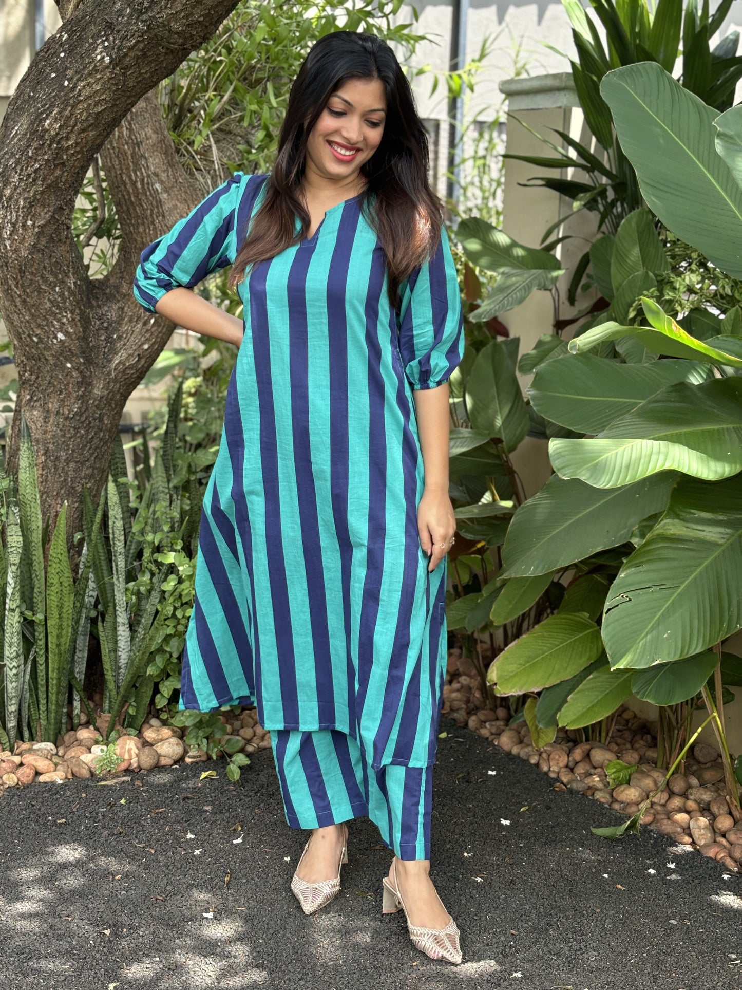 Turquoise Green and Navy Blue Stripes Cotton Co-ord Set