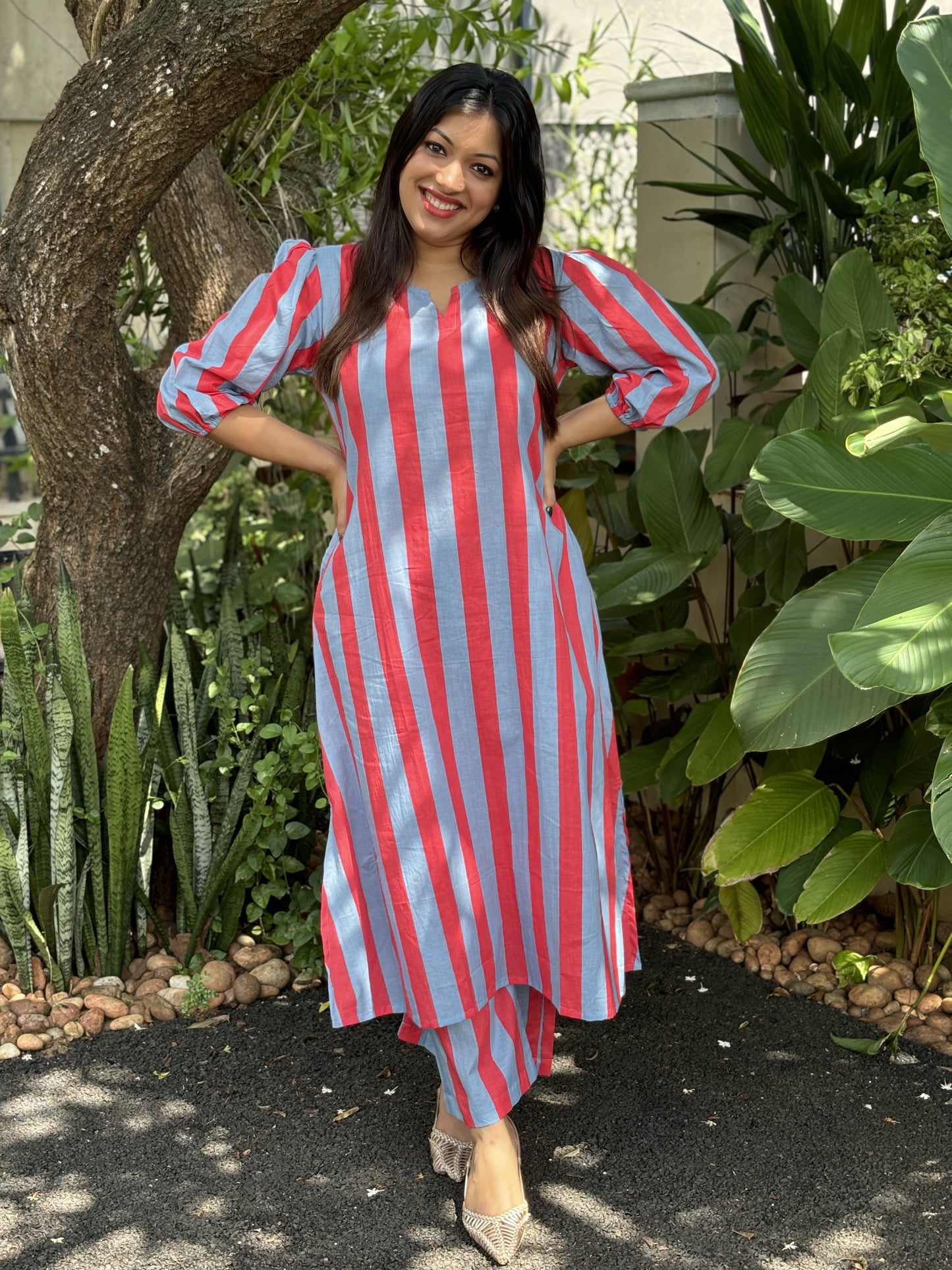 Tomato Red and Grey Stripes Cotton Co-ord Set
