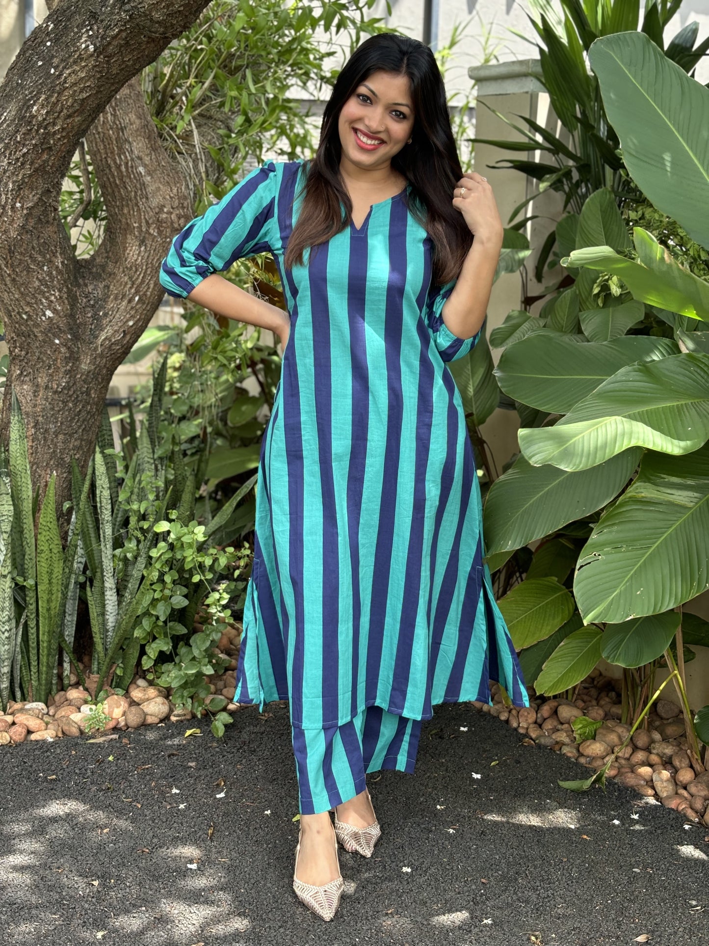 Turquoise Green and Navy Blue Stripes Cotton Co-ord Set