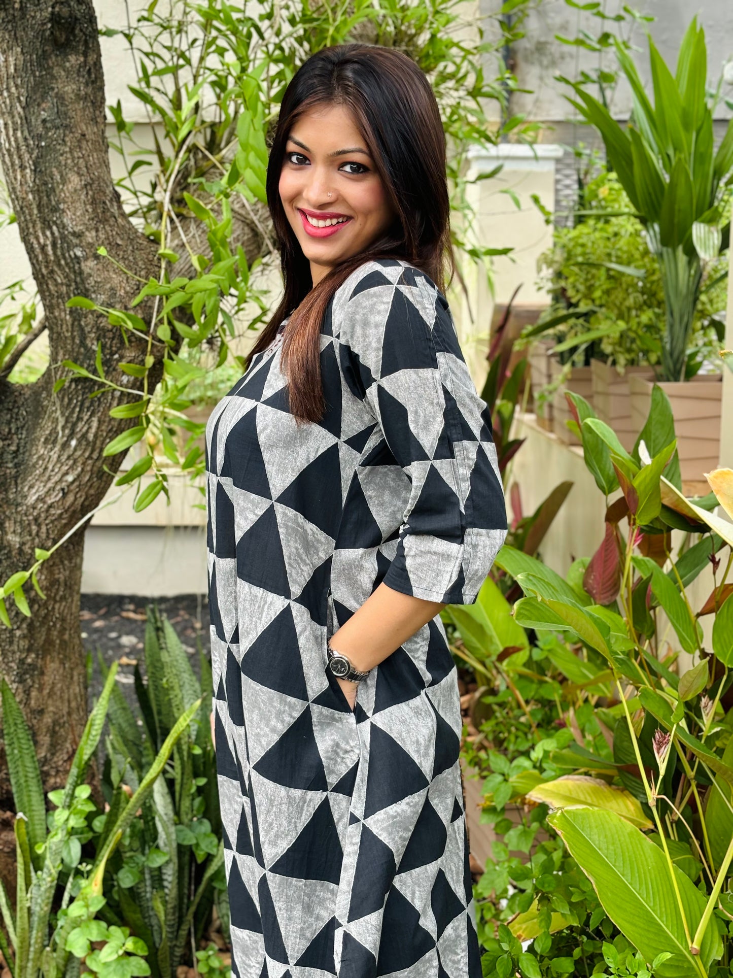 Black and Grey Triangle Print Cotton Co-ord Set
