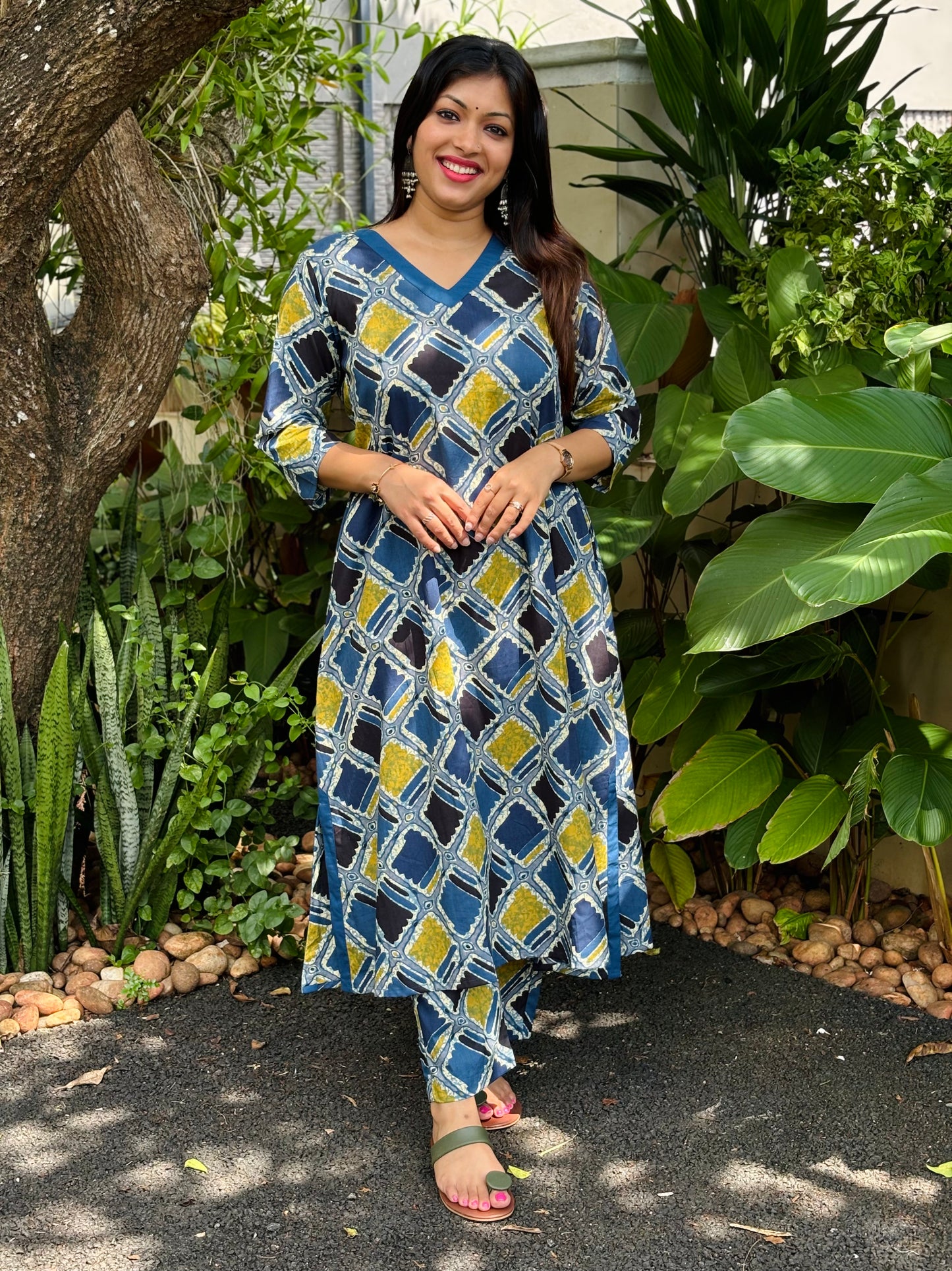 Teal Blue Geometry Ajrakh Print Cotton Co-ord Set