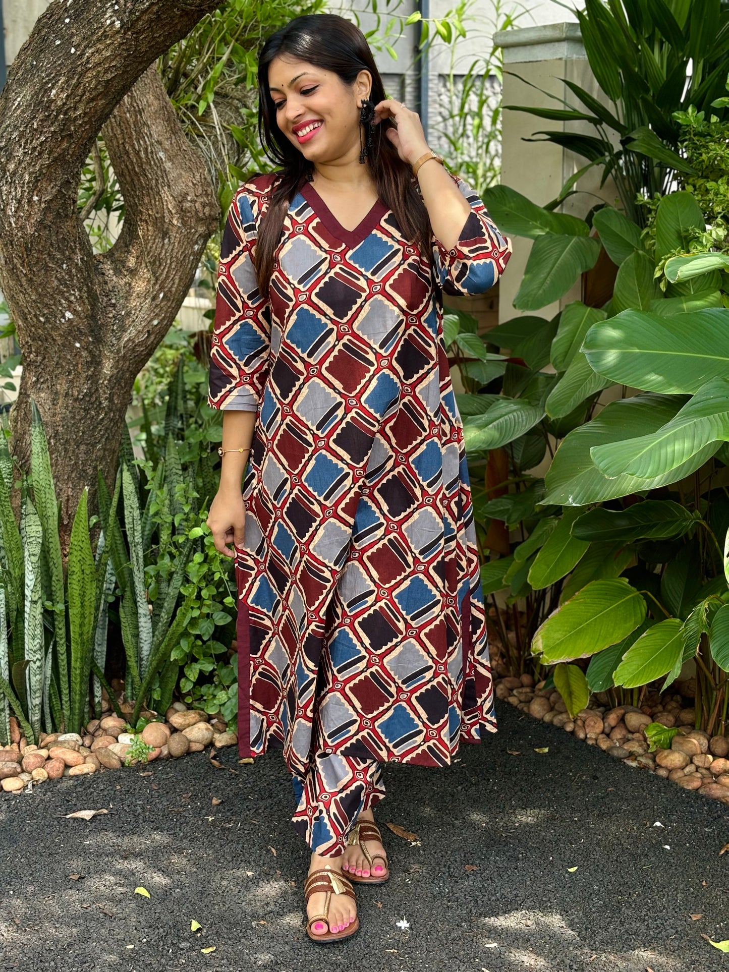Maroon Geometry Ajrakh Print Cotton Co-ord Set